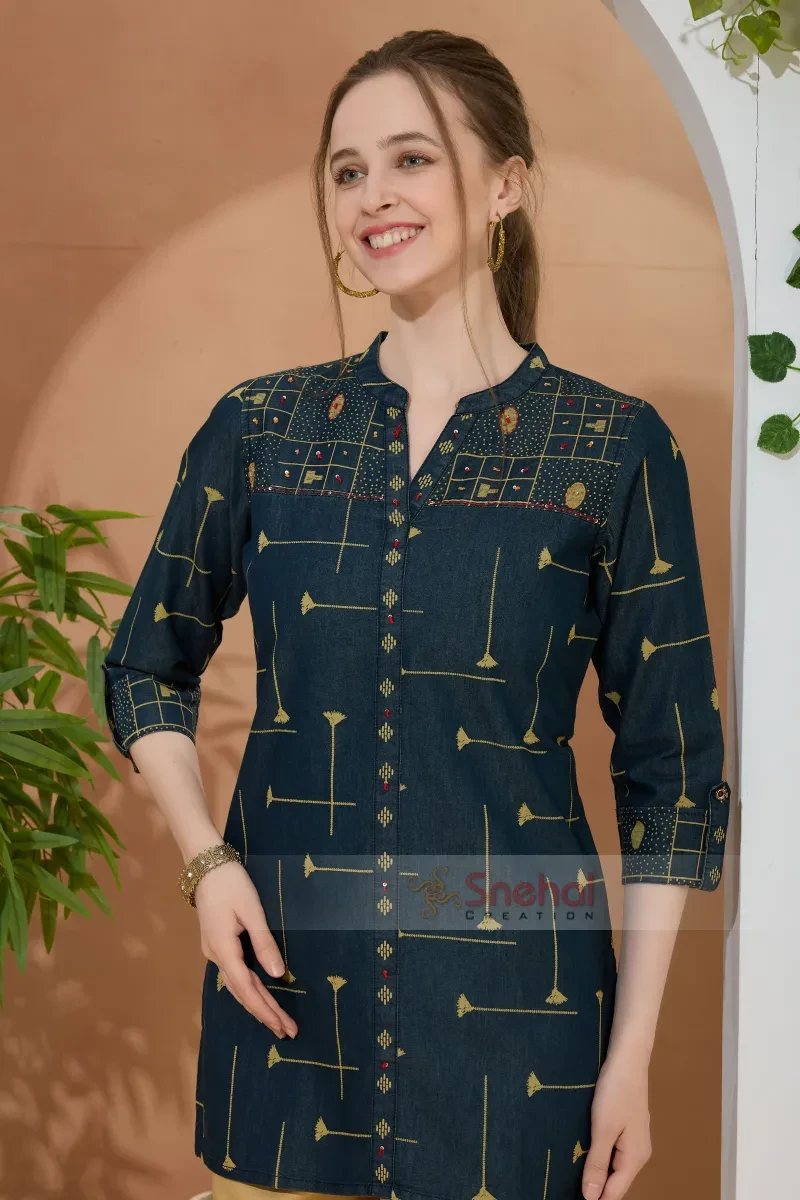 Designer Denim Short Kurti Fashion Forward Denim Tunic Hand Embroidery and Color Wash